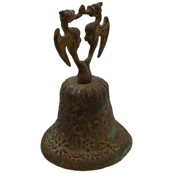 Vintage 5" X 3.5" Double Dragon Handle Bronze Bell Aged Verdigris Rust Set Prop - Picture 3 of 8